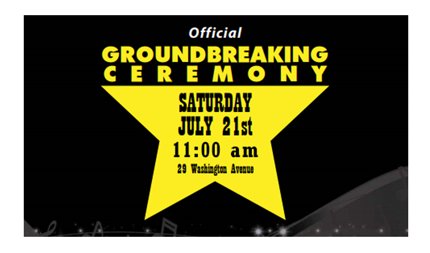 A yellow star with the words official groundbreaking ceremony.