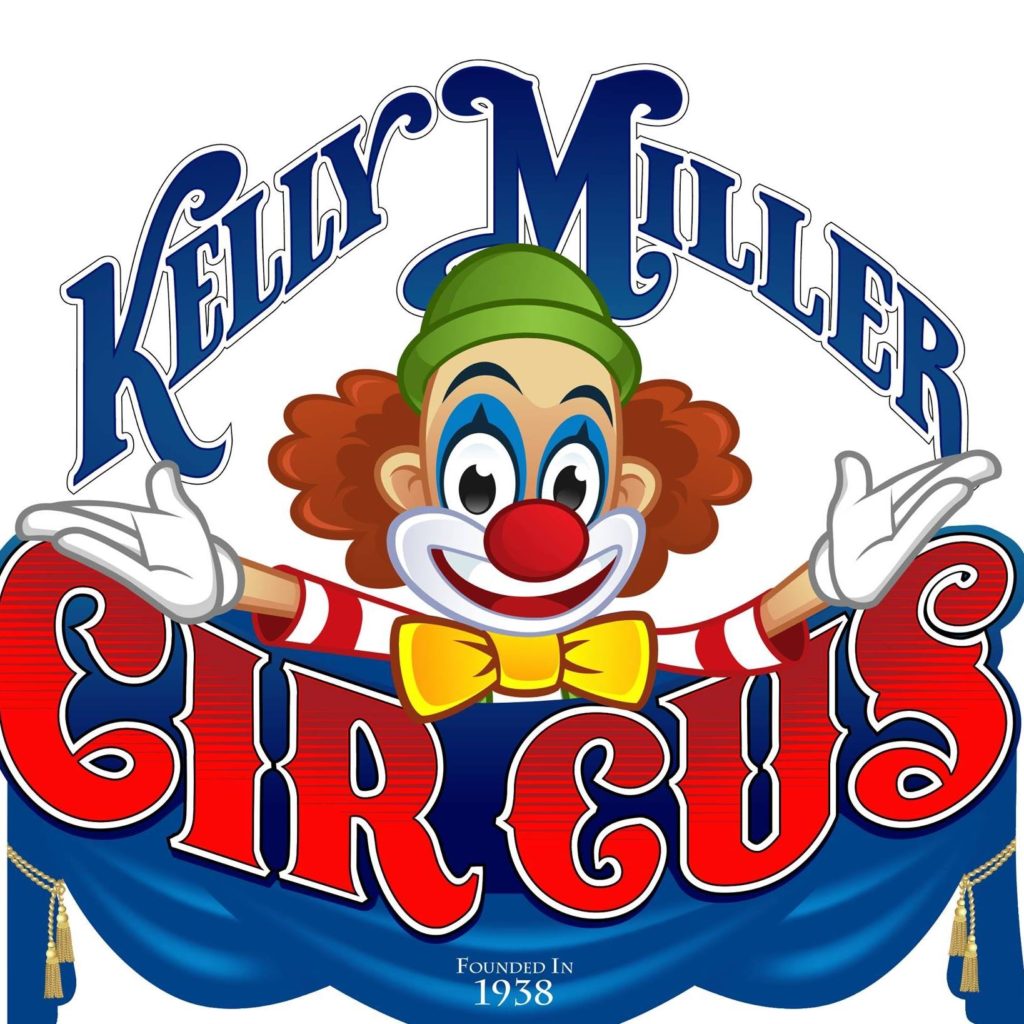 A clown is standing in front of the name " kelly miller circus ".