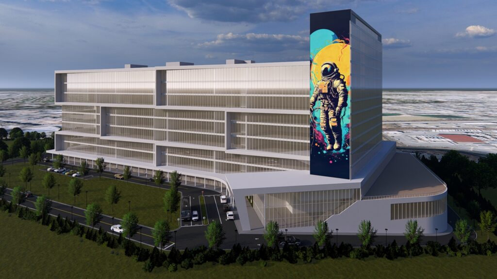 A large building with a mural on the side of it.
