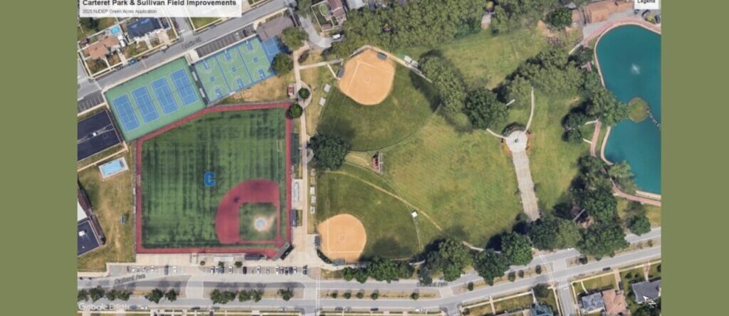 Aerial view of sports fields and park.