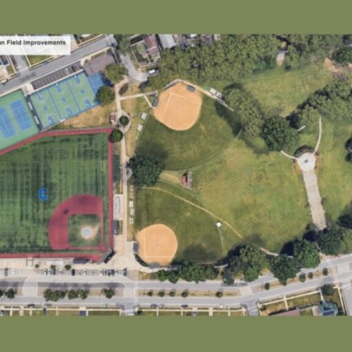 Aerial view of sports fields and park.